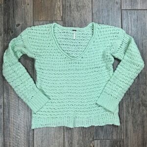 Free People V‎ Neck Sweater Open Knit Crochet Green Long Sleeve Women's XS